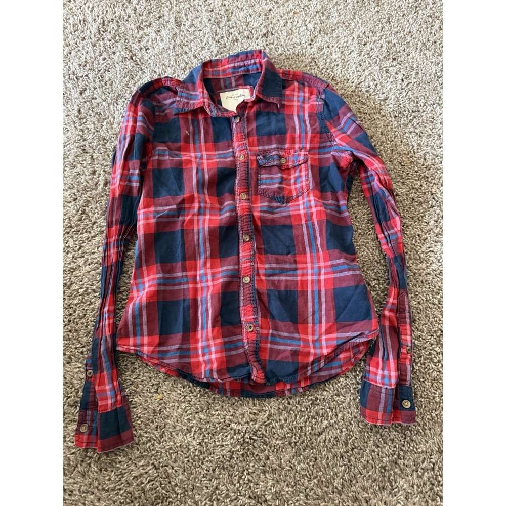 Abercrombie & Fitch Shirt Kids Girls M‎ Blue Red Button Front Cotton A1-0085